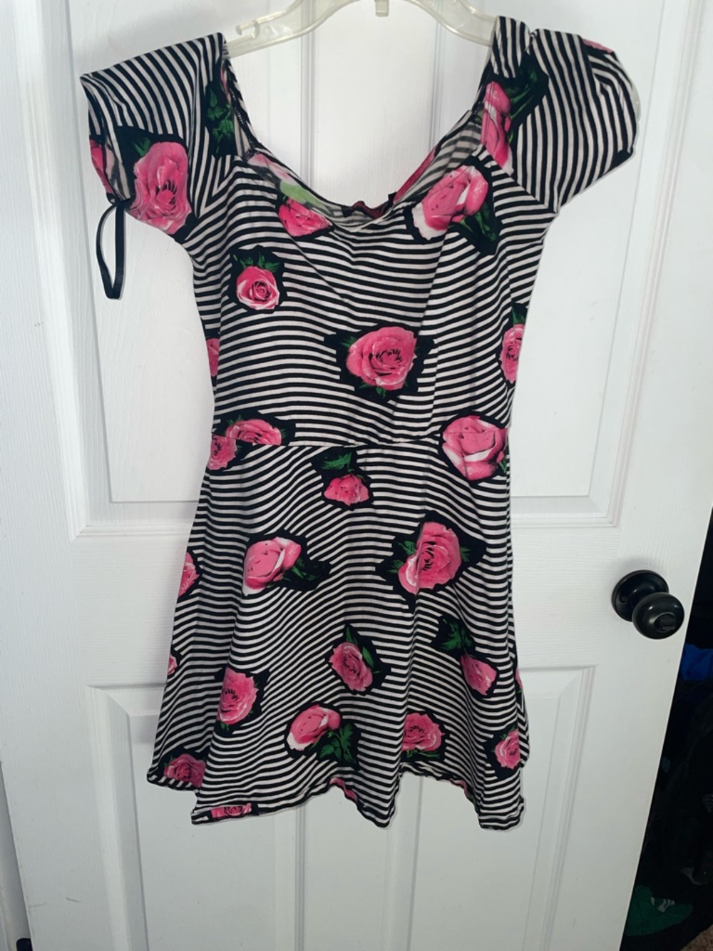 Motel Rocks Black & White Striped Mini Dress with Pink Rose Print